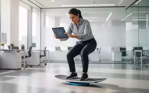 Eine Person trainiert auf einem Balance-Board und nutzt gleichzeitig ein Tablet für kognitives Training. - Foto: über boerse-global.de