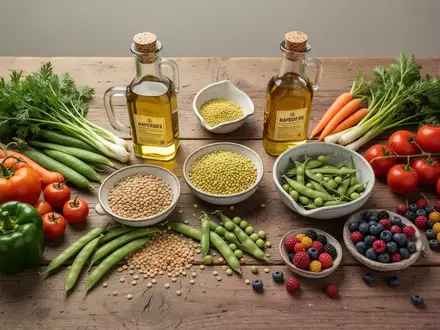 Frische Lebensmittel wie Hülsenfrüchte, Gemüse und hochwertiges Pflanzenöl auf einem Holztisch. - Foto: über boerse-global.de