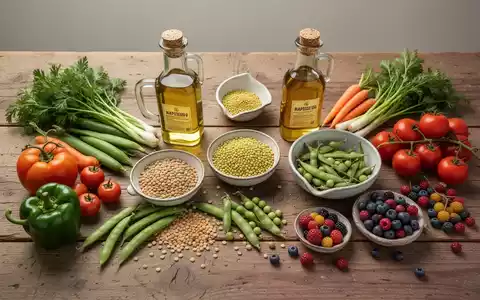 Frische Lebensmittel wie Hülsenfrüchte, Gemüse und hochwertiges Pflanzenöl auf einem Holztisch. - Foto: über boerse-global.de