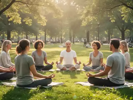 Menschen bei einem Achtsamkeitstraining in einem sonnigen Park als Symbol für Gesundheitsprävention. - Foto: über boerse-global.de