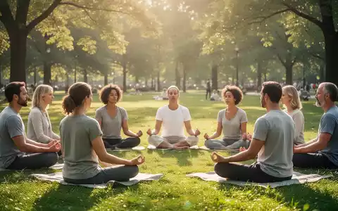 Menschen bei einem Achtsamkeitstraining in einem sonnigen Park als Symbol für Gesundheitsprävention. - Foto: über boerse-global.de
