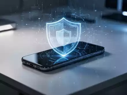 Modernes Smartphone auf einem Schreibtisch mit dezentem digitalem Sicherheitsschild-Overlay, das Android-Mobilgeräteschutz darstellt. - Foto: über boerse-global.de