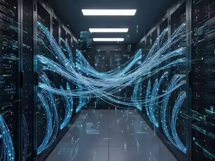 Digitales Datenzentrum mit leuchtenden Glasfaserkabeln und abstrakten Datenströmen als Symbol für KI-Netzwerksicherheit. - Foto: über boerse-global.de