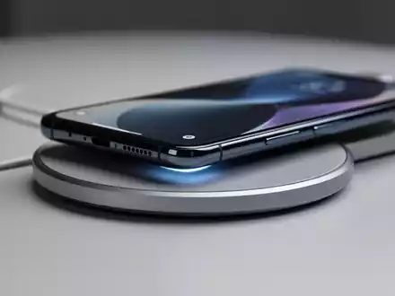 Ein modernes Smartphone lädt auf einer kabellosen Magnetladestation in einem professionellen Studio. - Foto: über boerse-global.de