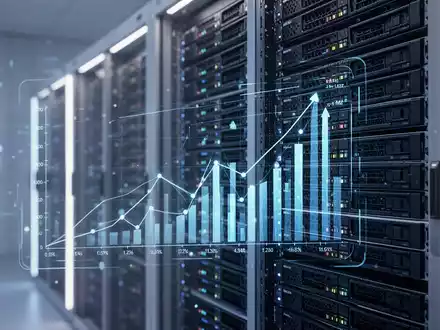 Leuchtendes Server-Rack mit abstrakten Finanzgrafiken und technischen Schnittstellen. - Foto: über boerse-global.de