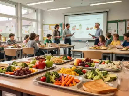 Helle Schulkantine mit gesundem Essen und Schülern bei einem Workshop zur Ernährungs- und Verbraucherbildung in Bayern. - Foto: über boerse-global.de