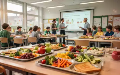 Helle Schulkantine mit gesundem Essen und Schülern bei einem Workshop zur Ernährungs- und Verbraucherbildung in Bayern. - Foto: über boerse-global.de