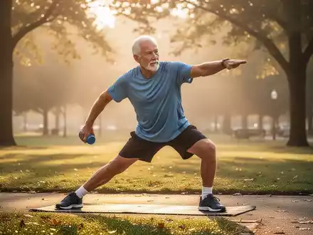 Ein aktiver Senior macht morgens im sonnendurchfluteten Park Dehnübungen für seine Gesundheit. - Foto: über boerse-global.de