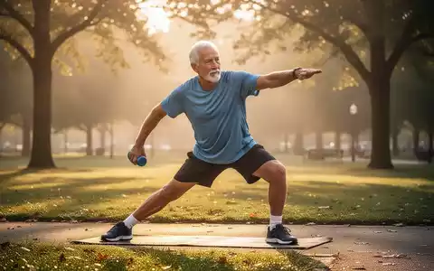 Ein aktiver Senior macht morgens im sonnendurchfluteten Park Dehnübungen für seine Gesundheit. - Foto: über boerse-global.de
