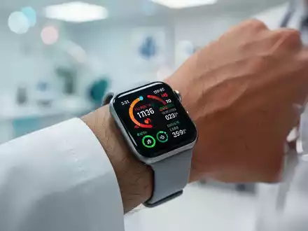 Eine Person trägt eine moderne Smartwatch am Handgelenk, die Gesundheitsdaten anzeigt. - Foto: über boerse-global.de