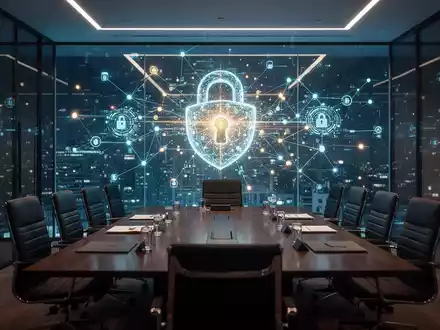 Moderner Firmenkonferenzraum mit digitalem Netzwerk-Overlay, symbolisiert Cybersicherheit und Führungsaufsicht. - Foto: über boerse-global.de