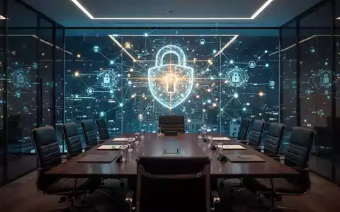 Moderner Firmenkonferenzraum mit digitalem Netzwerk-Overlay, symbolisiert Cybersicherheit und Führungsaufsicht. - Foto: über boerse-global.de