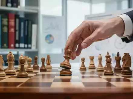 Eine Nahaufnahme einer Schachfigur auf einem Spielbrett vor einem unscharfen Hintergrund aus Fachbüchern und Diagrammen. - Foto: über boerse-global.de