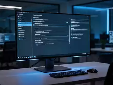 Ein moderner IT-Arbeitsplatz mit einem Monitor, auf dem Windows 11 Systemeinstellungen zur Update-Verwaltung zu sehen sind. - Foto: über boerse-global.de