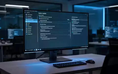 Ein moderner IT-Arbeitsplatz mit einem Monitor, auf dem Windows 11 Systemeinstellungen zur Update-Verwaltung zu sehen sind. - Foto: über boerse-global.de