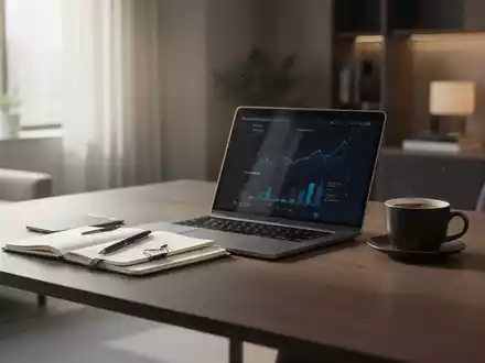 Moderner Homeoffice-Arbeitsplatz mit Laptop und Notizbuch bei hellem Tageslicht. - Foto: ĂŒber boerse-global.de