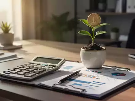 Schreibtisch mit Taschenrechner, Finanzgrafiken und einer symbolischen Münze als Pflanze für betriebliche Altersvorsorge. - Foto: über boerse-global.de