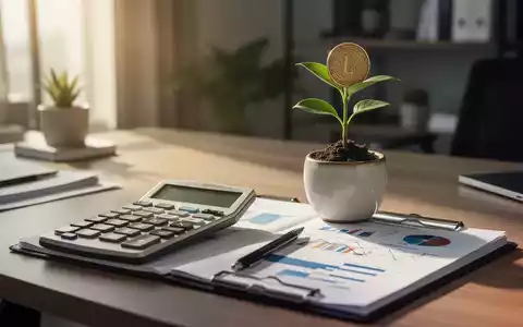 Schreibtisch mit Taschenrechner, Finanzgrafiken und einer symbolischen Münze als Pflanze für betriebliche Altersvorsorge. - Foto: über boerse-global.de