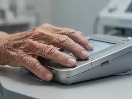 Nahaufnahme einer Hand bei einer medizinischen Untersuchung zur Messung der Griffkraft in einer klinischen Umgebung. - Foto: über boerse-global.de