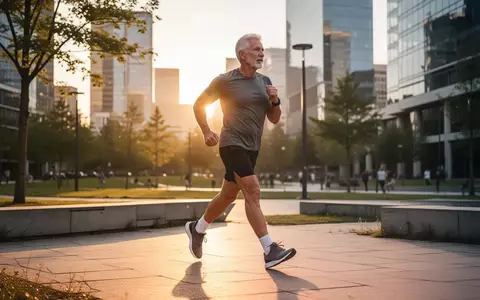 Eine sportlich aktive Person über 45 Jahre beim zügigen Gehen in einem Park bei sonnigem Wetter. - Foto: über boerse-global.de