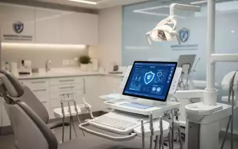 Moderner Arbeitsplatz in einer Zahnarztpraxis mit digitalem Tablet zur IT-Sicherheit und Dokumentationsunterlagen. - Foto: über boerse-global.de