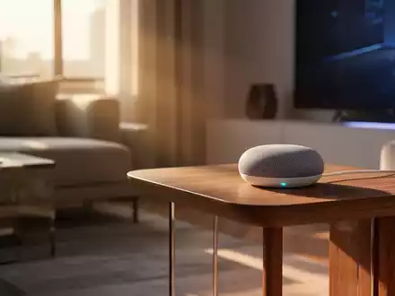 Ein Google Home Mini Smart Speaker der ersten Generation auf einem Holztisch in einem hell erleuchteten, modernen Wohnzimmer. - Foto: über boerse-global.de