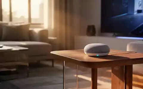 Ein Google Home Mini Smart Speaker der ersten Generation auf einem Holztisch in einem hell erleuchteten, modernen Wohnzimmer. - Foto: über boerse-global.de