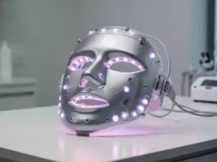 Eine moderne, medizinisch zugelassene LED-Lichttherapiemaske mit integrierter Kühltechnologie auf einem klinischen Untergrund. - Foto: über boerse-global.de