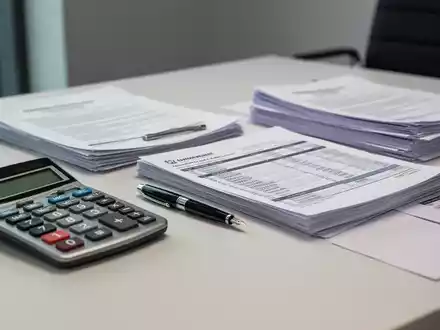 Schreibtisch mit Taschenrechner, Füllfederhalter und Gehaltsabrechnungsunterlagen in einem professionellen Büro. - Foto: über boerse-global.de