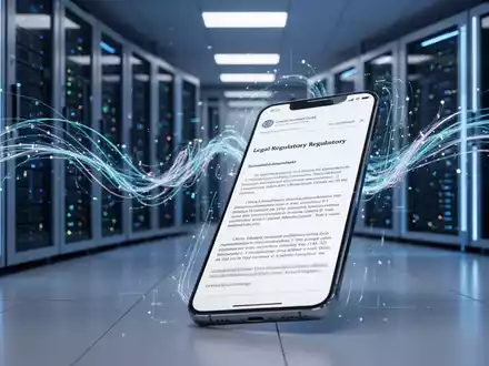 Ein Smartphone mit digitalen Rechtsdokumenten vor einem unscharfen Hintergrund aus Servern und Datenströmen. - Foto: über boerse-global.de