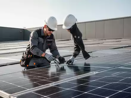 Ein Handwerker inspiziert eine moderne Photovoltaikanlage auf einem Dach bei hellem Tageslicht. - Foto: über boerse-global.de