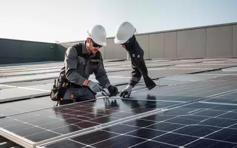 Ein Handwerker inspiziert eine moderne Photovoltaikanlage auf einem Dach bei hellem Tageslicht. - Foto: über boerse-global.de
