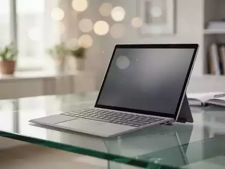 Schlankes Microsoft Surface Laptop auf modernem Schreibtisch, hochwertige Laptop-Kameratechnologie. - Foto: über boerse-global.de