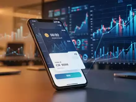 Ein Smartphone zeigt eine digitale Zahlungsanwendung, während im Hintergrund abstrakte Finanzdiagramme zu sehen sind. - Foto: über boerse-global.de