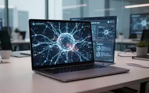 Ein moderner Büroarbeitsplatz mit einem Laptop, auf dem eine KI-gestützte Präsentationssoftware mit Datenvisualisierungen zu sehen ist. - Foto: über boerse-global.de