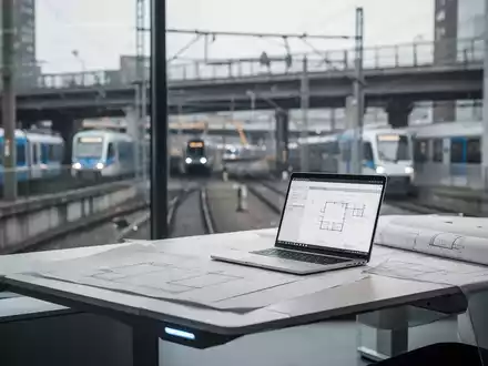 Moderner Arbeitsplatz mit Laptop und technischen Plänen vor einem unscharfen Hintergrund städtischer Infrastruktur. - Foto: über boerse-global.de