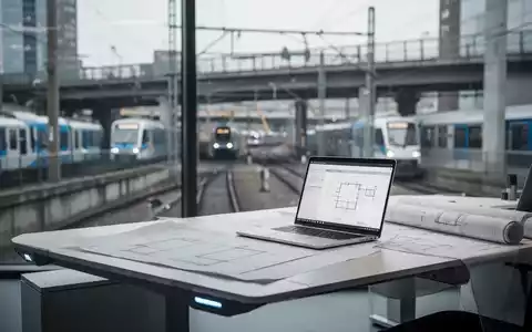 Moderner Arbeitsplatz mit Laptop und technischen Plänen vor einem unscharfen Hintergrund städtischer Infrastruktur. - Foto: über boerse-global.de