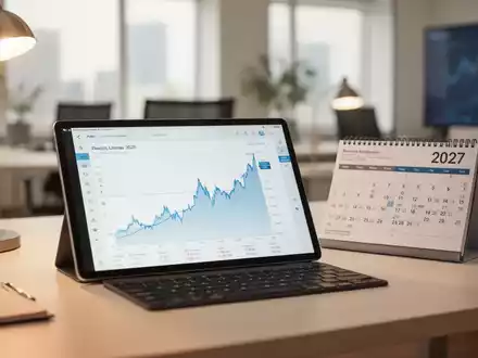 Ein moderner Schreibtisch mit einem Tablet, das Finanzdiagramme anzeigt, als Symbol für die Altersvorsorgeplanung. - Foto: über boerse-global.de