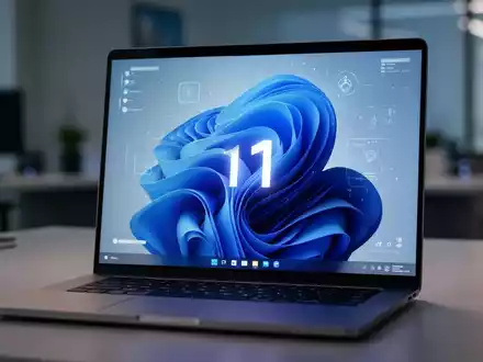 Moderner Laptop-Bildschirm mit verfeinerter Windows 11-Oberfläche und stilisierten digitalen Elementen, die KI-Integration darstellen. - Foto: über boerse-global.de