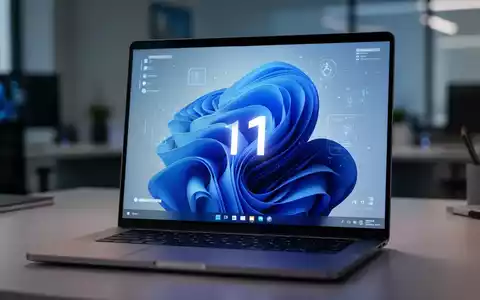 Moderner Laptop-Bildschirm mit verfeinerter Windows 11-Oberfläche und stilisierten digitalen Elementen, die KI-Integration darstellen. - Foto: über boerse-global.de