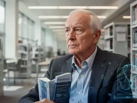 Eine ältere Person mit wachem, aufmerksamem Blick in einer modernen Bibliothek, die geistige Fitness und kognitive Gesundheit symbolisiert. - Foto: über boerse-global.de