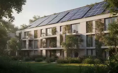 Modernes, nachhaltiges Wohngebäude mit integrierten Solaranlagen und begrüntem Umfeld bei Tageslicht. - Foto: über boerse-global.de