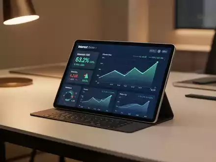 Moderner Arbeitsplatz mit einem Tablet, das Finanzdiagramme und Zinsentwicklungen anzeigt. - Foto: über boerse-global.de