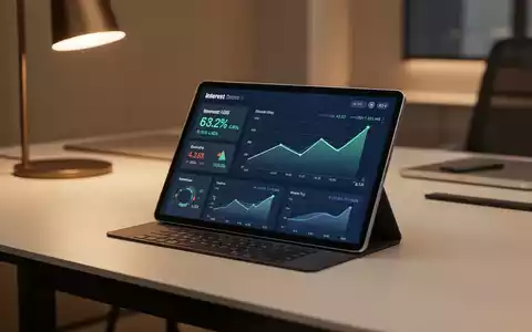 Moderner Arbeitsplatz mit einem Tablet, das Finanzdiagramme und Zinsentwicklungen anzeigt. - Foto: über boerse-global.de