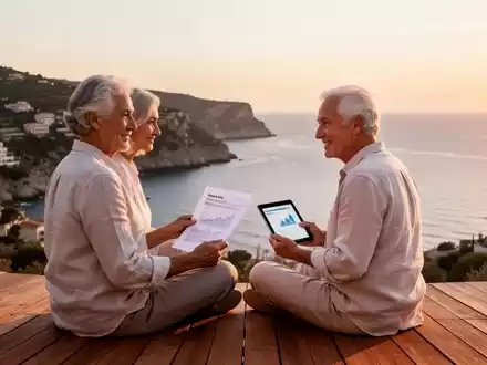 Ein älteres Paar sitzt mit Dokumenten auf einer Terrasse vor einer mediterranen Küstenlandschaft. - Foto: über boerse-global.de