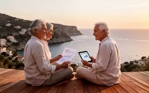 Ein älteres Paar sitzt mit Dokumenten auf einer Terrasse vor einer mediterranen Küstenlandschaft. - Foto: über boerse-global.de