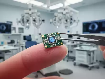 Ein hochmoderner Netzhaut-Implantatchip auf einer Pinzette vor einem unscharfen klinischen Hintergrund. - Foto: über boerse-global.de