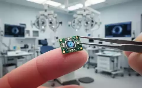 Ein hochmoderner Netzhaut-Implantatchip auf einer Pinzette vor einem unscharfen klinischen Hintergrund. - Foto: über boerse-global.de
