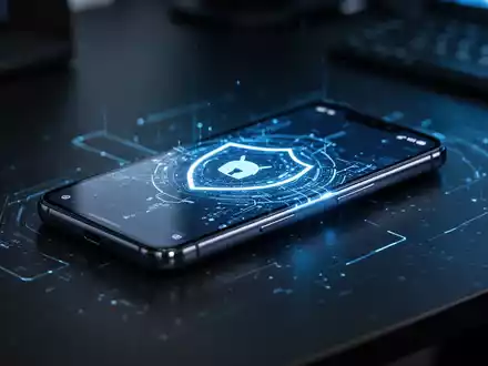 Ein modernes Android-Smartphone auf einem dunklen Schreibtisch mit digitalem Lichtschein als Symbol für Cybersicherheit. - Foto: über boerse-global.de