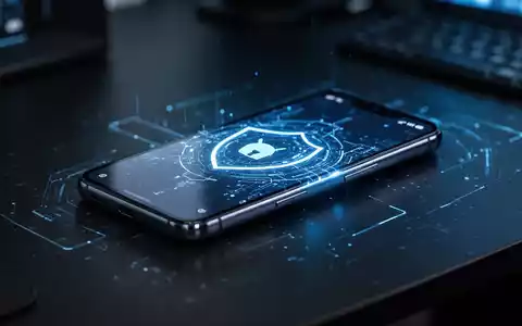 Ein modernes Android-Smartphone auf einem dunklen Schreibtisch mit digitalem Lichtschein als Symbol für Cybersicherheit. - Foto: über boerse-global.de